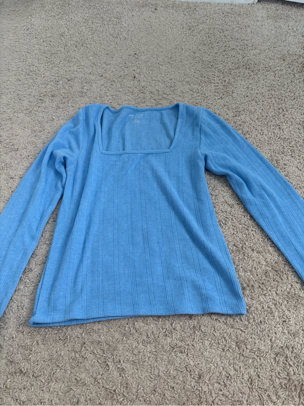 American Eagle Outfitters Sky Blue Square-Neck Long Sleeve Top